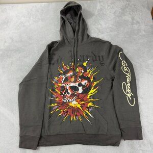 Ed Hardy Grey Hoodie Skull Graphic Men’s Size S